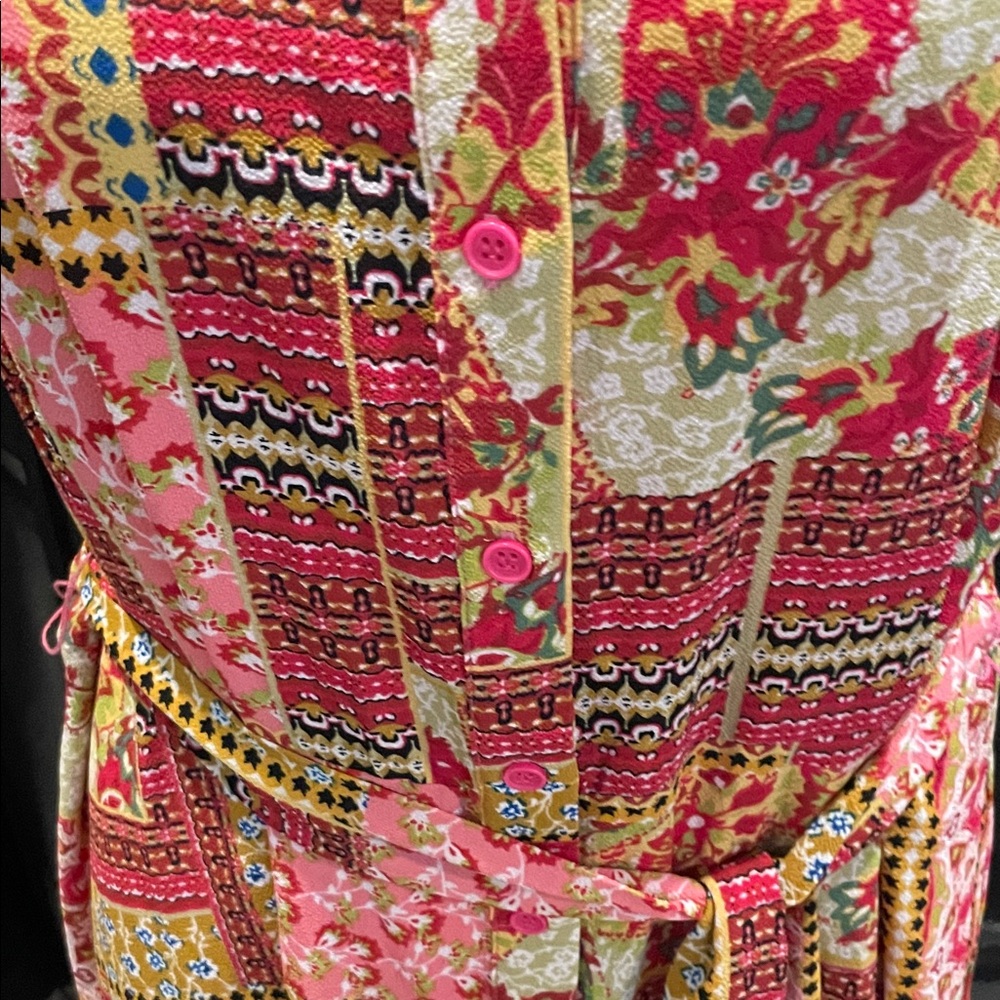 Tacera Pink Patchwork Print Sleeveless Belted Midi Dress - Picture 4 of 11